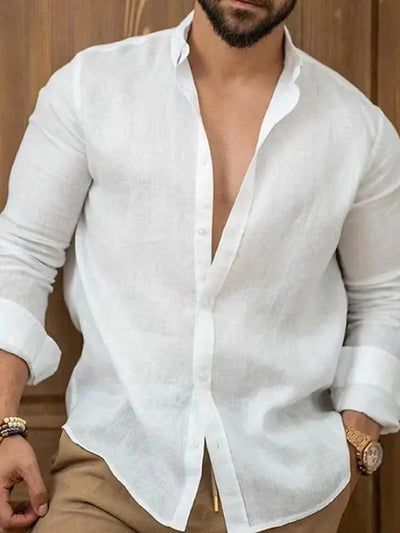 Solid Color Cotton Linen Plain Shirt Men Classic Button-up Lapel Long Sleeve Shirts Spring/ Summer Fashion Loose Mens Top Shirts