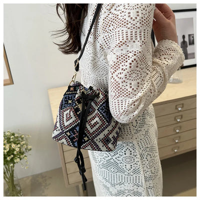 Fashion Linen Fabric Bucket Bag Floral Crossbody Bag