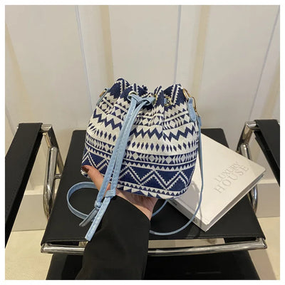 Fashion Linen Fabric Bucket Bag Floral Crossbody Bag