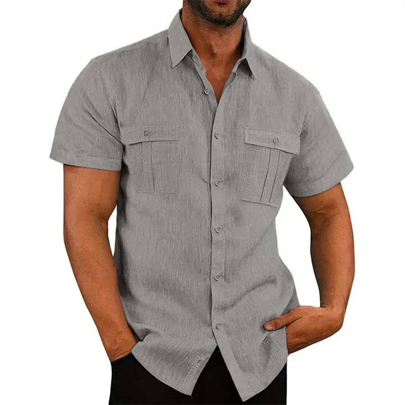 Men's Cotton Linen Short-Sleeved Shirt Summer Solid Color