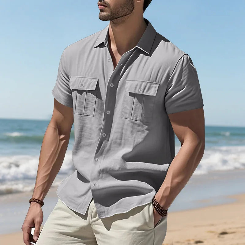 Men's Cotton Linen Short-Sleeved Shirt Summer Solid Color