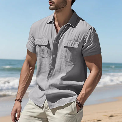 Men's Cotton Linen Short-Sleeved Shirt Summer Solid Color