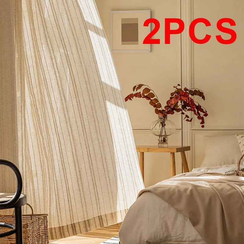 Linen-Effect Striped Gauze Curtains