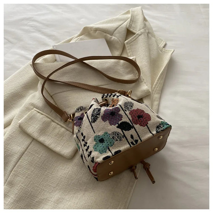 Fashion Linen Fabric Bucket Bag Floral Crossbody Bag