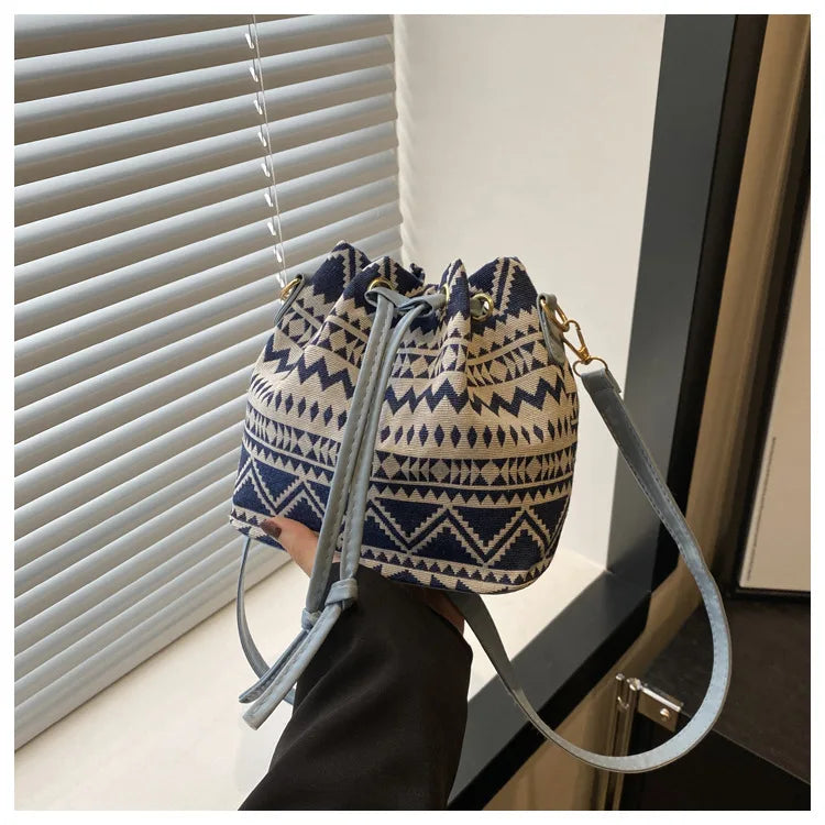 Fashion Linen Fabric Bucket Bag Floral Crossbody Bag