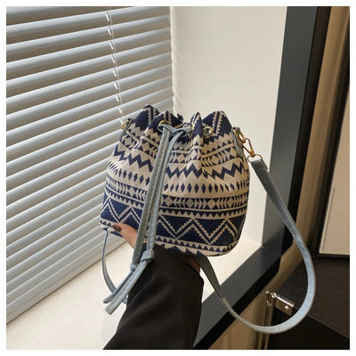 Fashion Linen Fabric Bucket Bag Floral Crossbody Bag